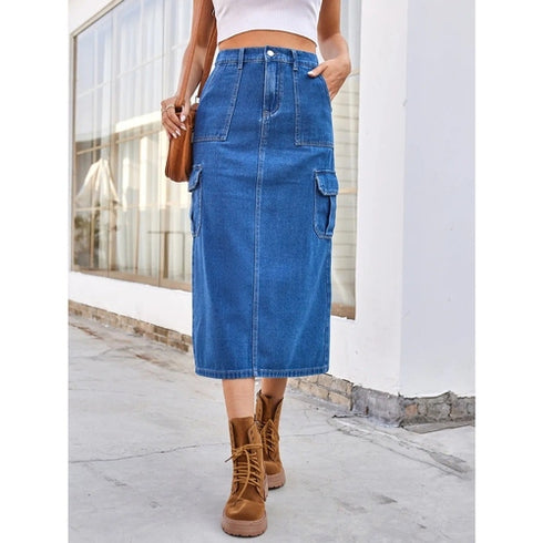 'Mckenna' Slit Midi Denim Skirt with Pockets - Celes Fashion